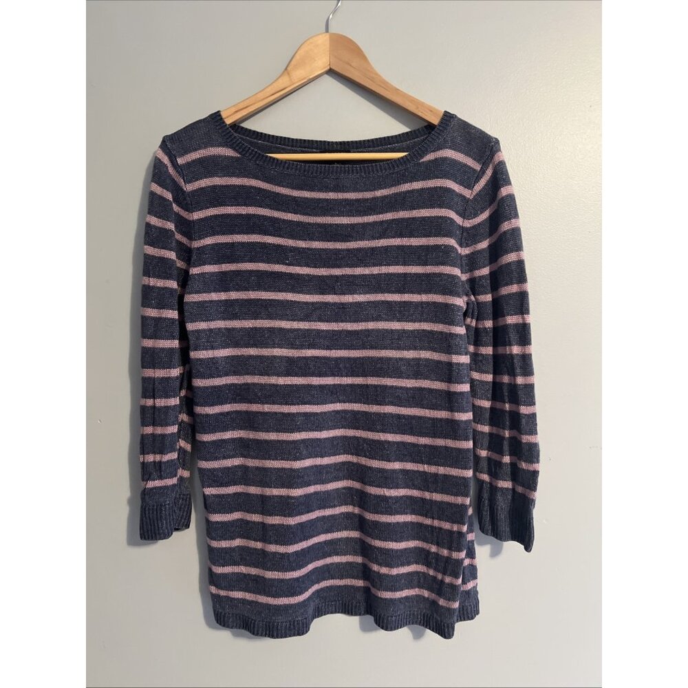 TALBOTS Women’s Crew Neck Sweater 100% Linen Blue Pink Striped Size Large